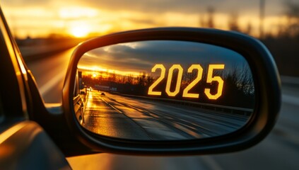 The numbers 2025 reflected in the rearview mirror of a car, signaling the time to start the new year.