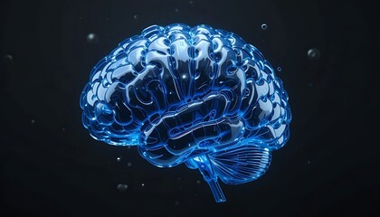 High-resolution 3D rendering of a transparent blue human brain, showcasing intricate details of its structure and neural pathways.