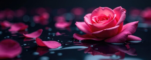 Dark liquid surface with delicate rose petals rising above, gentle, gothic, velvet