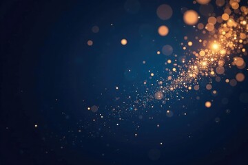 Obraz premium Dark blue particles with gold glow and sparkling gold on navy blue background, shimmering stars, elegant particles