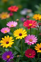 Daisies and other colorful flowers in a garden bed, mixed blooms, daisies