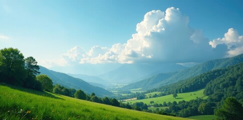 Obraz premium A wispy cloud drifts through a valley, its delicate tendrils disappearing into the verdant landscape, trees, cloud