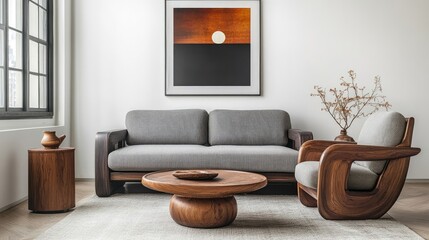 Wooden chair and grey sofa near white wall with mock-up poster frame