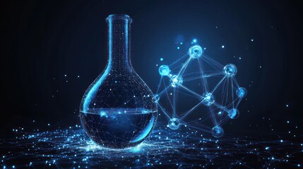 Glowing science flask and molecule model.