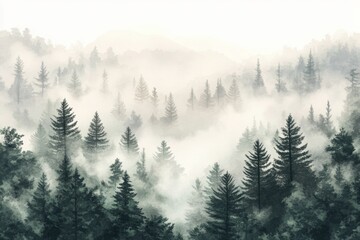 Watercolor foggy forest landscape illustration.	
