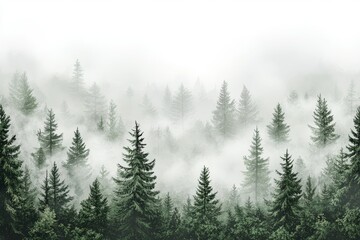 Watercolor foggy forest landscape illustration.	