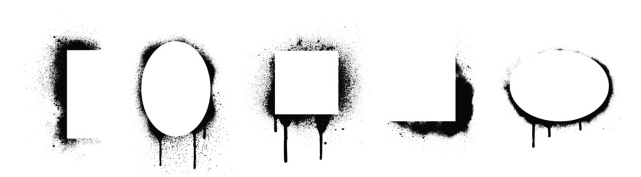 Stencil spray frame borders - black graffiti shapes with dripping paint, overspray textures and splatter effects on white background. Street art design elements. Abstract urban geometric forms.