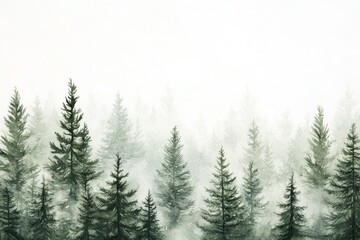 Obraz premium Watercolor foggy forest landscape illustration. 