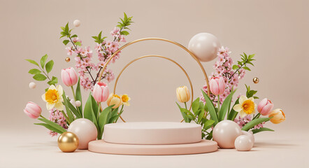 beautiful spring podium with flowers for product presentation or advertising . Generative AI