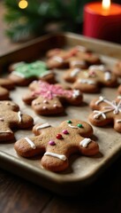 A tray of gingerbread cookies fresh from the oven, festive colors, warm