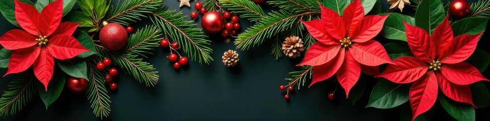 Obraz premium A stunning arrangement of colorful poinsettias and lush evergreen branches, evergreen, fir