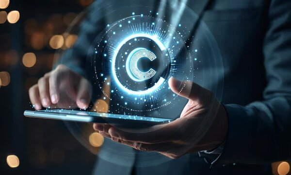 Man uses tablet, copyright symbol appears, bokeh background, legal tech