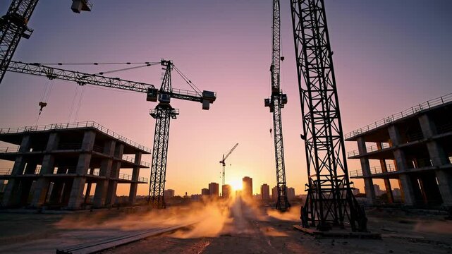 Construction Site at Sunset Showcasing Cranes and Buildings Under Development