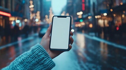Person holding blank phone screen city night soft light. AI Generated