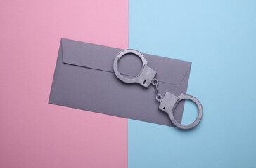 Handcuffs with envelope on pink blue background