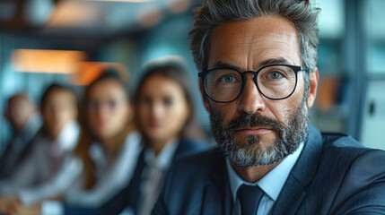 Naklejka premium A seasoned businessman with a thoughtful expression sits in a modern office, surrounded by colleagues, reflecting on strategic decisions and future plans