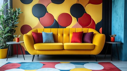 Yellow loveseat sofa and side tables against colorful circle patterned wall
