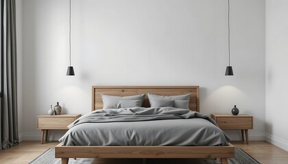 Modern minimalist bedroom interior design with gray bedding, wooden bed frame, and pendant lights, showcasing a clean and spacious aesthetic.