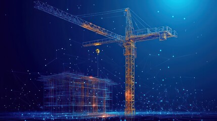Construction crane and building wireframe model.