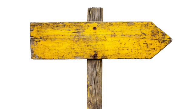 Old wooden road sign with a yellow arrow. No text. Transparent background