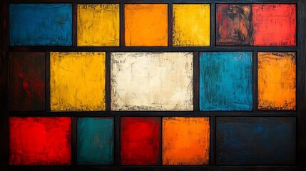Vibrant abstract artwork showcases rich warm and cool colors arranged in a grid pattern creating a bold visual aesthetic.. AI Generated