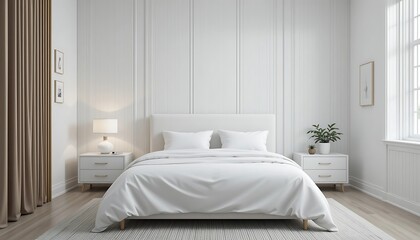 Modern minimalist white bedroom interior design with a comfortable bed, nightstands, and elegant decor