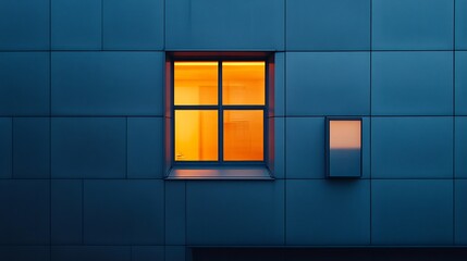 Warm light softly glows from a single window pane on a cool blue building at night. AI Generated