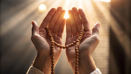 A close-up of hands raised in dua (supplication), with prayer beads (misbaha) and soft golden light symbolizing faith and devotion