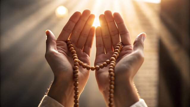 A close-up of hands raised in dua (supplication), with prayer beads (misbaha) and soft golden light symbolizing faith and devotion