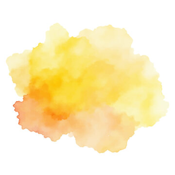 A vibrant, abstract watercolor stain in shades of yellow and orange, with a soft, textured look. 