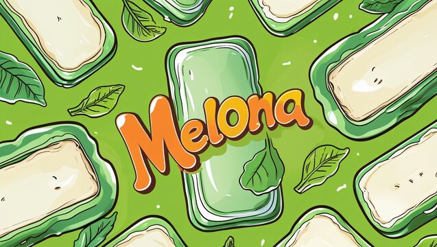 A vibrant illustration of Melona bars stacked on a bright green background, with a creamy white interior, glossy pastel green exterior, and playful melon-themed accents.