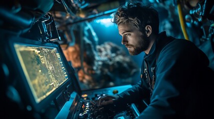 Deep sea exploration specialist piloting a submersible inside the ocean