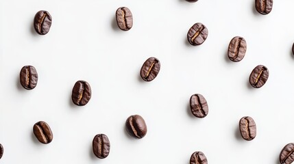 Many roasted coffee beans isolated on white, top view