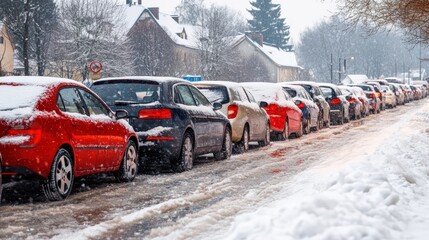 Naklejka premium Winter Traffic Jam with Cars Stuck in Snowy Conditions on a Residential Street with Accumulated Snowfall