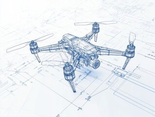 Drone with architectural blueprints and design plans on a construction site