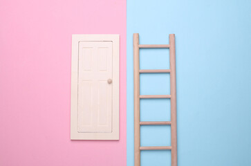 Miniature wooden door with stairs on blue pink background