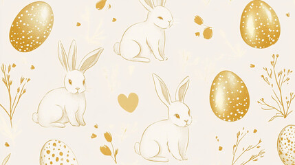 Seamless hand-drawn Easter pattern rabbits eggs floral soft pastel vintage delicate intricate warm artistic festive design