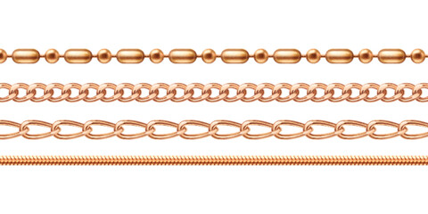 Golden chain jewel collection - yellow metallic links pattern, precious necklace variations, decorative beaded row, interlocking circular elements. Luxury accessories set for jewelry store design.