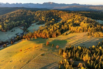 Łapszanka: Widok z drona o poranku jesienią na Podhale, Tatry i lasy w pobliżu przełęczy