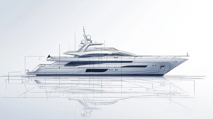 Naklejka premium Luxury ferretto yacht anchored in clear blue water with a beautiful coastal landscape in the background