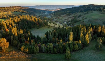 Łapszanka: Widok z drona o poranku jesienią na Podhale, Tatry i lasy w pobliżu przełęczy © Michal45
