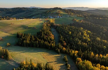 Łapszanka: Widok z drona o poranku jesienią na Podhale, Tatry i lasy w pobliżu przełęczy © Michal45