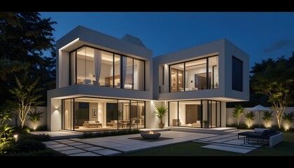 8K ultra-modern cube-shaped home with a central courtyard, minimalist interiors, and smart adaptive lighting.