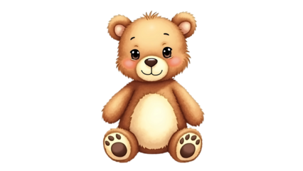 Watercolor style teddy bear sitting upright, with a soft brown fur texture and a lighter cream colored belly and paw pads. illustration is detailed with gentle watercolor textures, and the background
