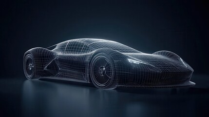 Car in dark room with wireframe design and dramatic lighting showcasing automotive engineering and creativity