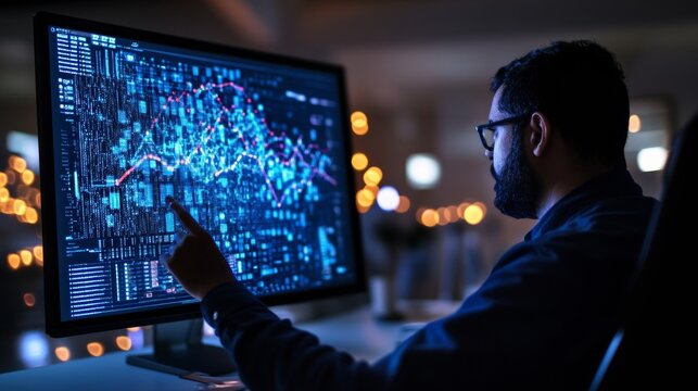 Data-Driven Finance Interactive Digital Display with Real-Time Graph Analytics in Low-Light Modern Office - Enhancing Business Strategy and Investment Insights