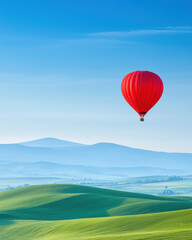 vibrant red hot air balloon floats gracefully above lush green hills under clear blue sky