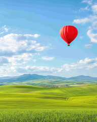 vibrant red hot air balloon floats above lush green fields under blue sky
