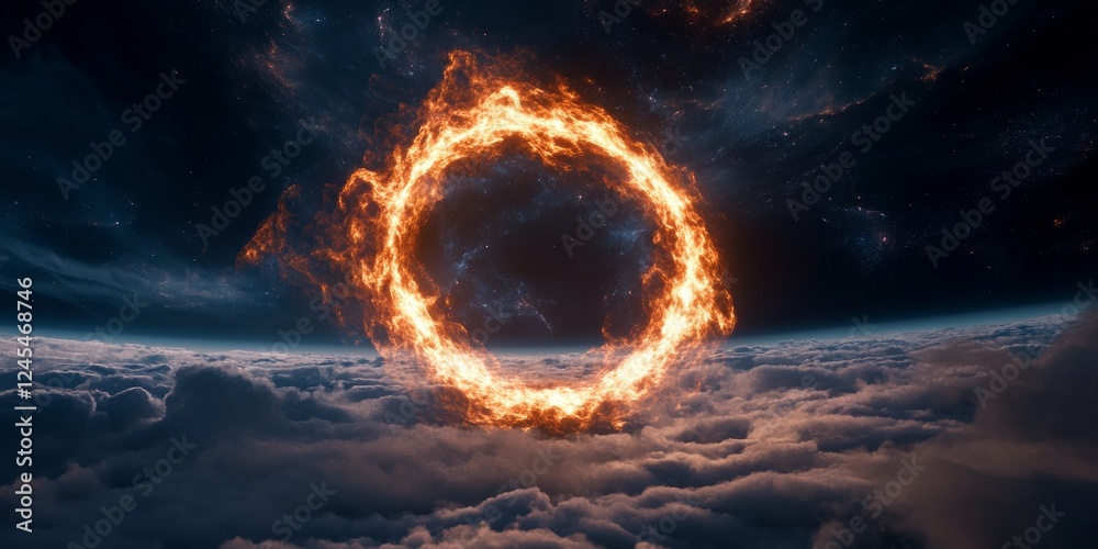 Poster Luminescent Cosmic Portal Fiery Circular Energy Gate Amidst Space Clouds - Sci-Fi Art for Futuristic Tech Advertisements and Virtual Reality Experiences