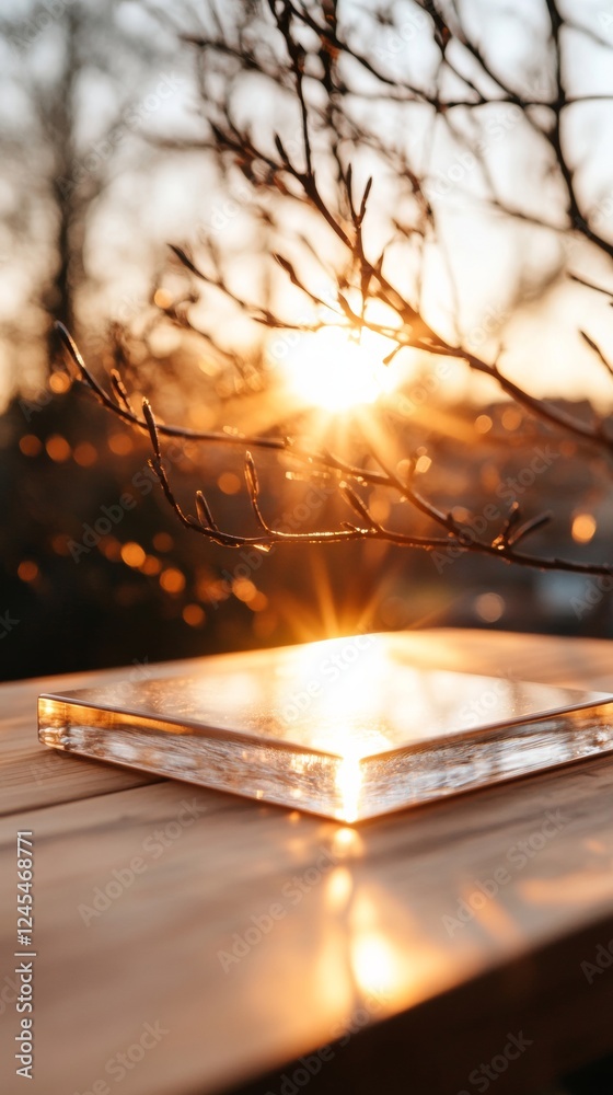 Aufkleber sunlit minimalism glass tablet on wooden surface - enhancing digital and cultural exchange spaces wi